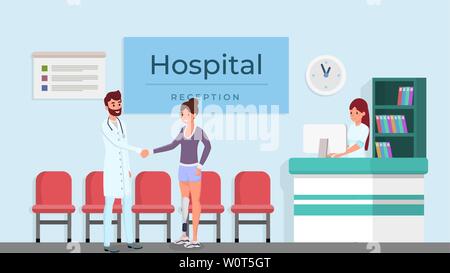 Clinique moderne accueil illustration vectorielle. Smiling doctor, femme avec une prothèse et réceptionniste de personnages de dessins animés. Visite à l'hôpital, le médecin et le patient heureux à poignée/24 Illustration de Vecteur