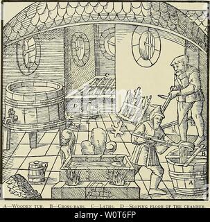 Image d'archive à partir de la page 613 du De re metallica (1950). De re metallica deremetallica50agri Année : 1950 576 LIVRE XII. pegs ou coins enfoncés dans eux. Le vitriol adhère à ces lattes, et dans l'espace de quelques jours se fige en cubes, qui sont enlevés et mis dans une chambre ayant une pente de bord-de-chaussée, de sorte que l'humidité qui s'écoule au vitriol peut couler dans un bain à remous en dessous. Cette solution est à nouveau à l'eau, comme c'est également cette solution qui a été laissé dans les 12 bains à remous, pour, en raison de son être devenue trop mince et liquides, il n'a pas figer, et donc n'étaient pas convertis en vitriol. Banque D'Images