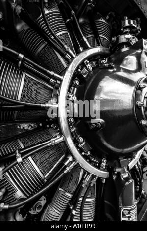 BERLIN, ALLEMAGNE - 25 avril 2018 : Moteur Radial Wright R-1820-9 de l'avion d'entraînement militaire North American T-28B Trojan, close-up. US Navy.noir et blanc. Exposition salon ILA à 2018. Banque D'Images