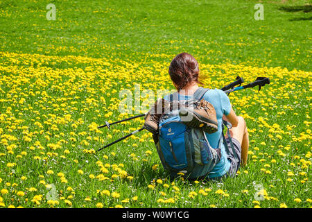 Un female hiker profitez de la météo à la montagne Auerberg dans Stötten a. A. Dufour, Allgäu, Allemagne, le 22 avril 2019. © Peter Schatz / Alamy Stock Phot Banque D'Images