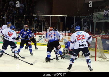 Dustin Strahlmeier (Schwenningen) hielt seinen Kasten sauber, Matthias Plachta wartet vergebens, 22. Sptg. DEL 18-19 : SERC Wildwings vs. Adler Mannheim Banque D'Images