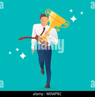 Businessman holding le trophée d'or, de la réussite et de l'heureux concept, Banque D'Images