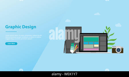 Design graphique et design concept avec les gens de l'équipe et certains outils comme tablette pour pantone ou modèle de site web d'accueil de l'atterrissage - vector illustra Banque D'Images