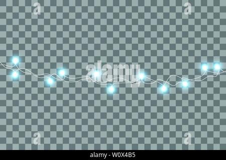 Ensemble de décorations de fête, guirlandes bleu. Lumières de Noël lumineux isolé sur fond transparent. Seamless Vector objets horizontal Illustration de Vecteur