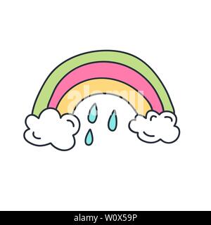Arc-en-ciel dessiné à la main avec de la pluie tomber et les nuages. Funny greetings pour vêtements, carte, badge, carte postale, icône, bannière, tag, autocollants, impression. Illustration de Vecteur