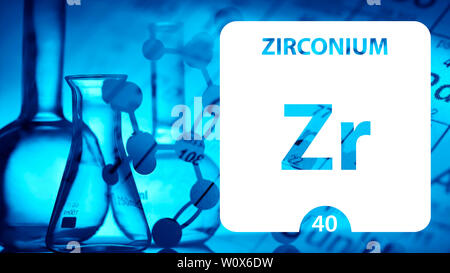 Le zirconium Zr, élément chimique signe. Le rendu 3D isolé sur fond blanc. L'élément chimique Zirconium 40 pour les expériences scientifiques en science de classe Banque D'Images