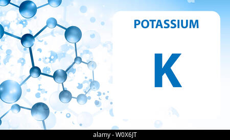 L'élément potassium 19. Alcalino-terreux. L'élément chimique du tableau périodique de Mendeleïev. Le potassium dans square cube creative concept. Produit chimique, labora Banque D'Images