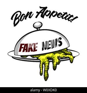 Fake News Concept Illustration avec quelque chose d'immangeable sur le bac et le libellé Bon Appétit. vector illustration. Illustration de Vecteur