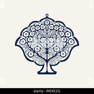 Indigo bloc de bois imprimé composition florale. Motif ethnique traditionnel de l'Inde du Nord avec un arbre en fleurs, bleu marine sur fond écru. Illustration de Vecteur