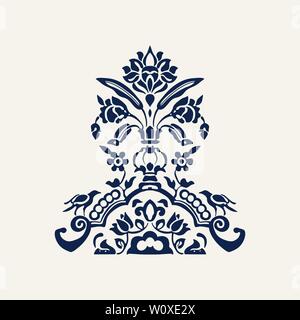 Indigo bloc de bois imprimé kaleidoscope composition florale. Motif ethnique traditionnel de l'Inde du Nord, bleu marine sur fond écru. Illustration de Vecteur