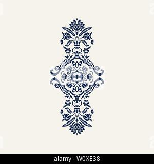 Indigo bloc de bois imprimé kaleidoscope composition florale. Motif ethnique traditionnel de l'Inde du Nord, bleu marine sur fond écru. Illustration de Vecteur