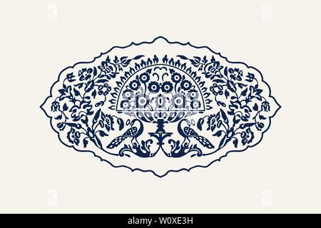 Indigo bloc de bois imprimé composition florale. Motif ethnique traditionnel de l'Inde avec des fleurs et des paons, bleu marine sur fond écru. Illustration de Vecteur