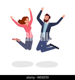 Jumping collègues télévision vector illustration. Deux amis, l'homme et la femme en sautant dans l'excitation et la joie de personnages de dessins animés. Les jeunes gais, aller rire avec soulevées mains isolé sur fond blanc Illustration de Vecteur