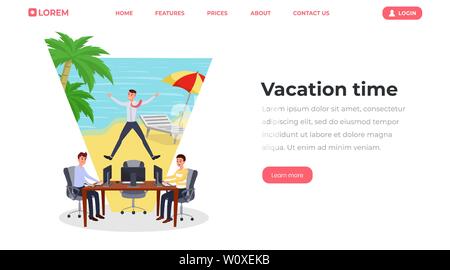 Vacances télévision landing page modèle de scénario. Office worker rêvant de tropical beach maison de site web, page web. Les jeunes hommes qui travaillent sur un ordinateur portable, des programmeurs, des gestionnaires de projet de personnages de dessins animés Illustration de Vecteur