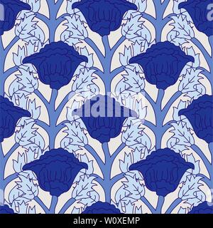 Imprimé sur bois la teinture à l'indigo sur tous les ethniques transparente motif floral. Motif oriental traditionnel de l'Inde avec des coquelicots sur bleu ecru Illustration de Vecteur