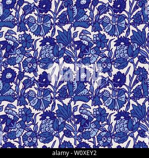L'imprimé sur bois indigo ethnique transparente motif floral. Motif oriental traditionnel de l'Inde avec des œillets, tons de bleu sur l'écru Illustration de Vecteur