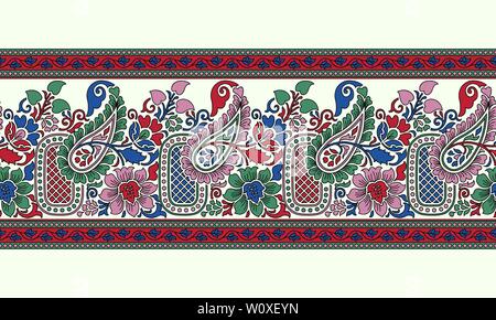 Imprimé floral ethnique sur bois sans frontière. Ornement oriental traditionnel de l'Inde, paisley et motif fleurs, rouge, vert, rose et bleu sur l'écru. Illustration de Vecteur