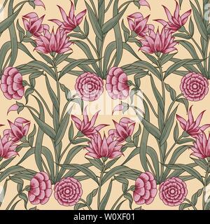 Imprimé floral sur bois ethniques sur tout motif transparent. Motif oriental traditionnel de l'Inde Mogul avec des bouquets d'Oeillets roses sur écru. Illustration de Vecteur