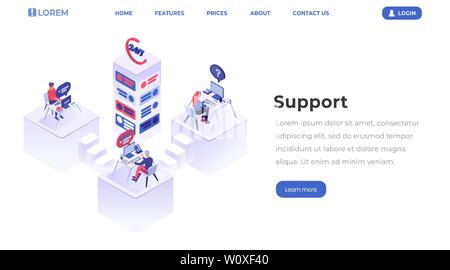 Centre de Support page d'isométrique. Service clients opérateurs travaillant à l'assistance téléphonique, les gestionnaires de travail, site web de l'équipe d'agents de mise en page de scénario. Le développement de l'interface utilisateur, UX 3d illustration Illustration de Vecteur