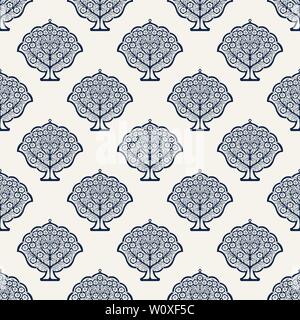 La teinture à l'Indigo sur bois imprimé floral ethnique homogène sur tout motif. Ornement oriental traditionnel de l'Inde, les arbres en fleurs, bleu marine sur l'écru Illustration de Vecteur