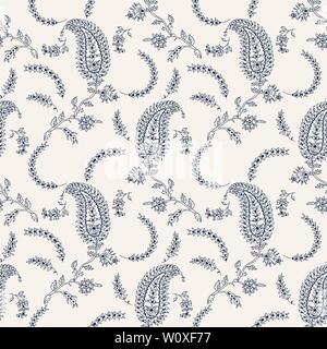 Indigo paisley transparente motif floral. Cale en bois traditionnel oriental imprimé motifs ethniques de l'Inde, Uttar Pradesh, bleu marine sur l'écru. Illustration de Vecteur