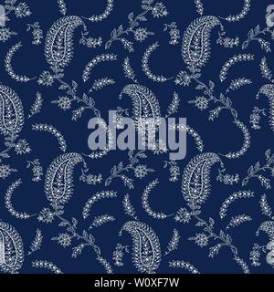 Indigo paisley transparente motif floral. Cale en bois traditionnel oriental imprimé motifs ethniques de l'Inde, Uttar Pradesh, écru sur bleu marine. Illustration de Vecteur