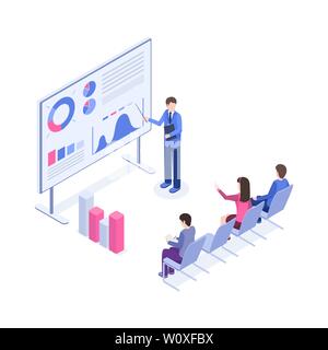 La présentation d'affaires vector illustration isométrique. Analyste de marché, patron, les employés de bureau 3d de personnages de dessins animés. Formation en entreprise, argumentaire de vente, les tableaux et schémas expliquant l'employeur à bord Illustration de Vecteur