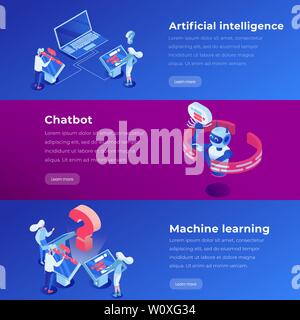 L'intelligence artificielle d'atterrissage isométrique modèle de page. L'apprentissage machine, logiciel, site web de ia mise en page. vecteur étapes Assistant virtuel, chatbot concept illustration 3d Illustration de Vecteur