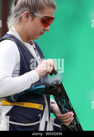 L'Amber Hill sur son chemin à la finition 4e dans l'Équipe mixte Skeet, pendant huit jours des Jeux 2019 à Minsk. Banque D'Images