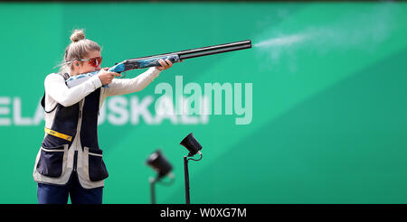 L'Amber Hill sur son chemin à la finition 4e dans l'Équipe mixte Skeet, pendant huit jours des Jeux 2019 à Minsk. Banque D'Images