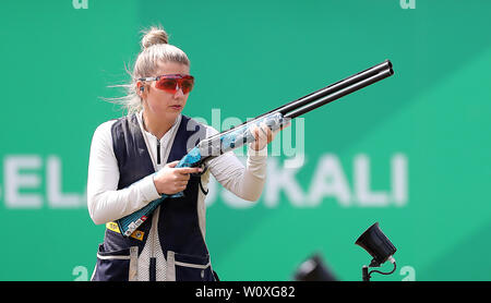 L'Amber Hill sur son chemin à la finition 4e dans l'Équipe mixte Skeet, pendant huit jours des Jeux 2019 à Minsk. Banque D'Images