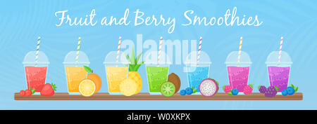 Smoothie aux fruits frais set cocktail secouer l'illustration. Coolection de verre de couches de jus sucré cocktail de vitamines ou de secousse de protéine en couleurs arc-en-ciel avec des fruits pour les smoothies menu d'été Banque D'Images