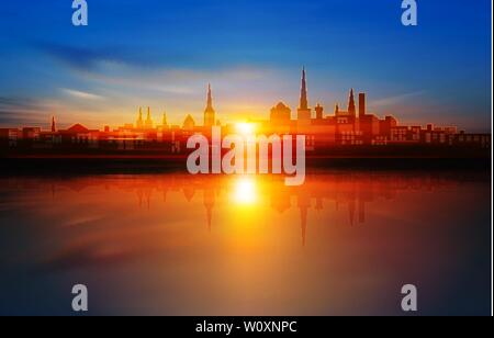 Abstract city illustration avec silhouette de Tallinn sur fond bleu coucher soleil Illustration de Vecteur