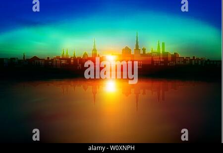 Abstract city illustration avec silhouette de Tallinn sur bleu vert fond coucher de soleil Illustration de Vecteur