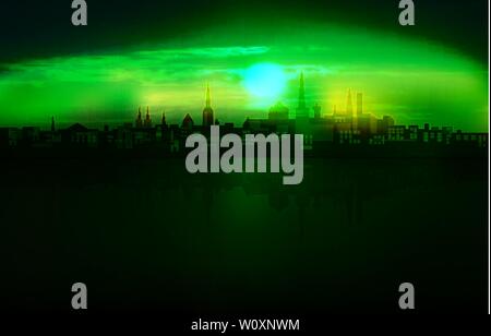 Abstract city illustration avec silhouette de Tallinn sur fond coucher de soleil vert Illustration de Vecteur