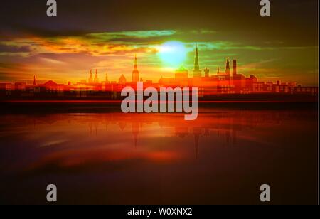 Abstract city illustration avec silhouette de Tallinn sur brown fond coucher de soleil Illustration de Vecteur