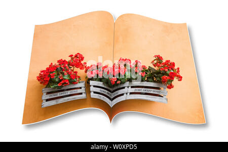 Boîte en bois de fleurs contre un mur de plâtre - le rendu 3D photo album concept image - je suis le propriétaire de copyright des images utilisées dans ce 3D render Banque D'Images