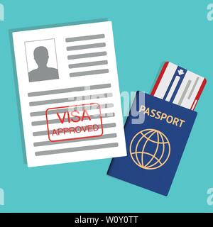 L'Europe de la zone euro Stamp approuvé Visa sur le document. Passeport Avec Ticket. Billet d'horodateur de l'Immigration. Vector Illustration Illustration de Vecteur