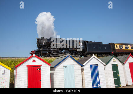 Train à vapeur passant au-dessus des cabines de plage sur sa façon de Kingswear sur la voie de chemin de fer à vapeur de Dartmouth à Torquay, Royaume-Uni Banque D'Images