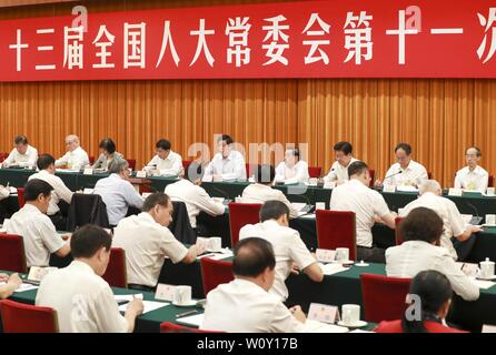 Beijing, Chine. 28 Juin, 2019. Li Zhanshu, président de l'Assemblée populaire nationale (APN) Comité permanent, participe à une enquête conjointe d'un rapport sur l'application de la Loi sur la promotion des petites et moyennes entreprises (PME) détenus par l'assemblée législative de la Chine haut de Beijing, capitale de la Chine, le 28 juin 2019. Credit : Ding Lin/Xinhua/Alamy Live News Banque D'Images