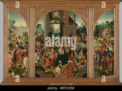 Triptyque avec Adoration des Mages (centre et les extensions intérieures), Saint Antoine Abbé (à gauche, l'extension extérieure) et de Saint Adrian (à droite, l'extension extérieure). Master d'Alkmaar Banque D'Images