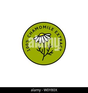 Fleur de Camomille bio à base de plantes et de l'icône d'un insigne de tendance style linéaire - Vector green Logo emblème de Camomille médical peut être utilisé pour l'emballage du modèle Illustration de Vecteur