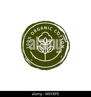Chemise de coton biologique naturel des étiquettes et d'écussons et d'attirer la main texture crayon - Vector icône ronde ,autocollant, Logo, Tampon, fleur de coton naturel Tag - Clo Illustration de Vecteur