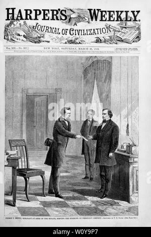 George T. Brown, sergent d'armes, de signifier l'assignation au Président Johnson, croquis par T.R. Davis, Harper's Weekly, 28 mars 1868 Banque D'Images