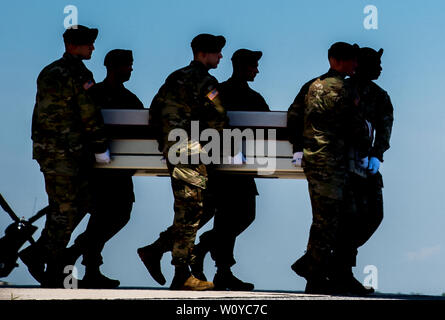 Dover, DE, USA. 28 Juin, 2019. 28 juin 2019 : la vieille garde de l'armée, l'équipe exécute transporter la boîte de transfert pour le véhicule de transfert au cours de la transmission de la dignité Sergent James G. Johnston, de Trumansburg, New York, Dover Air Force Base. La solennelle cérémonie a réuni de nombreux dignitaires dont le Vice-président Mike Pence, Secrétaire de la Défense, M. Mark Esper et secrétaire de l'Armée Ryan McCarthy. Scott Serio/ESW/CSM/Alamy Live News Banque D'Images