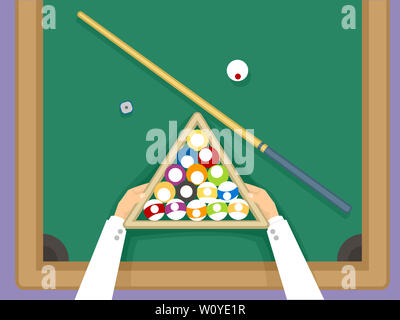 Illustration de mains Mise en place d'une table de billard ayant placé les boules à l'intérieur du rack Triangle Banque D'Images