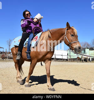 L'équitation thérapeutique pour les enfants handicapés. Fille avec la paralysie cérébrale sur un cheval avec son thérapeute Banque D'Images