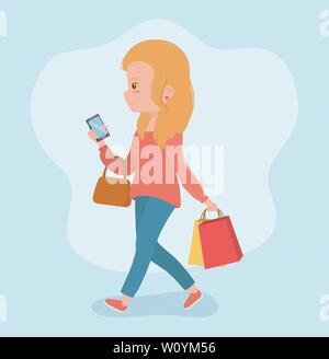 Belle femme marcher à l'aide de vecteur illustration design smartphone Illustration de Vecteur