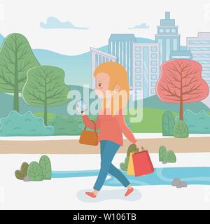 Belle femme marche dans le parc à l'aide de vecteur illustration design smartphone Illustration de Vecteur