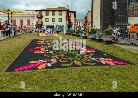La Orotava, Tenerife, Espagne - 27 juin 2019. Beau tapis de fleurs à La Orotava au cours de Corpus Christi. Célèbre événement religieux et la concurrence de f Banque D'Images